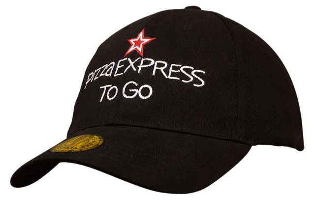 A black cap featuring an embroidered logo and red star, with the text "PIZZA EXPRESS TO GO".