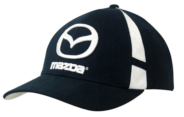 A navy cap with contrasting white panels and a prominent logo on the front and peak.