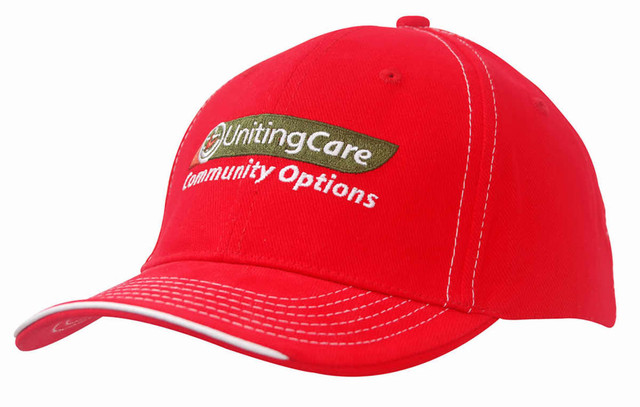 A red cap with contrasting stitching and an embroidered logo on the front. Features a curved brim.