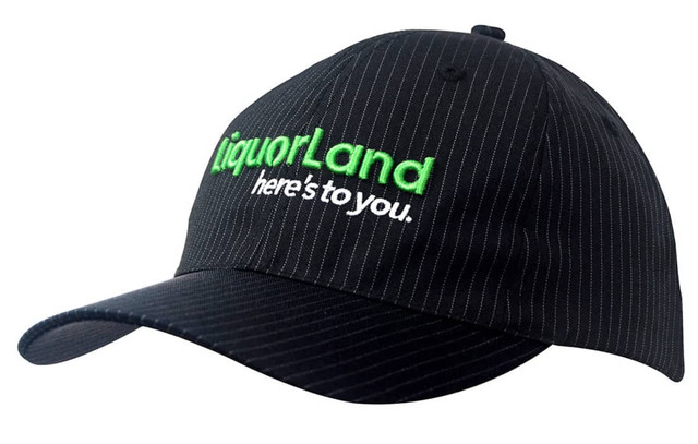 A black cap with woven pinstripes and a front logo. The cap features a curved brim and an adjustable strap.