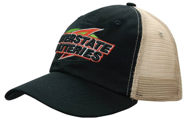 A black cap with a beige mesh panel and a branded logo on the front.