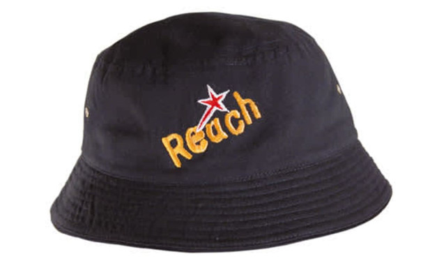 A black bucket hat featuring embroidered yellow text and a logo. Suitable for children's wear.