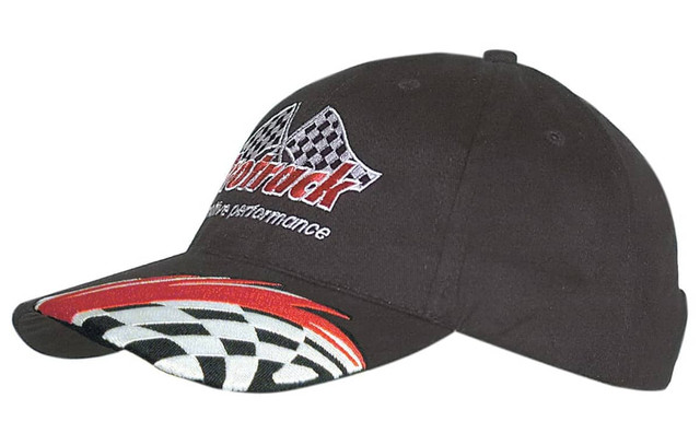 A black cap featuring checkered pattern embroidery and a branded logo on the front. The visor has a stylish design.
