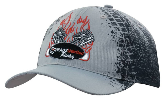 A grey cap featuring tyre print, flame graphics, and a logo. The design includes a contrasting peak and stitched details.