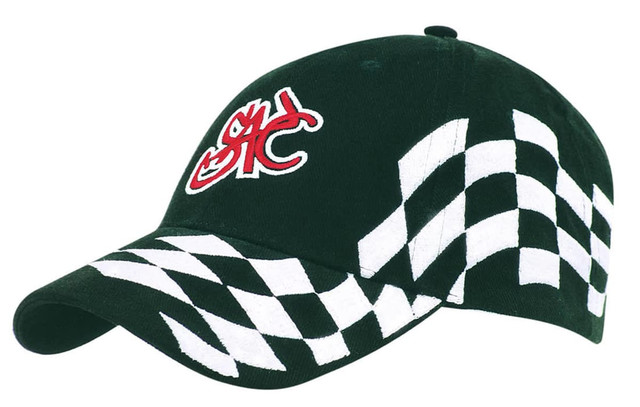 A black cap featuring a red logo and a white checkered pattern on the brim.