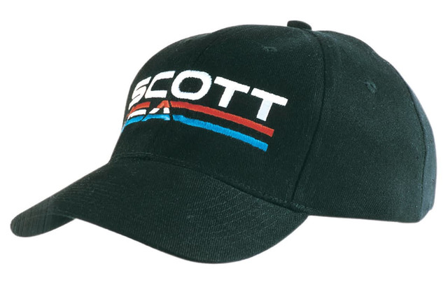 A black cap featuring a white and red logo with blue accents. It has a curved brim and a structured design.