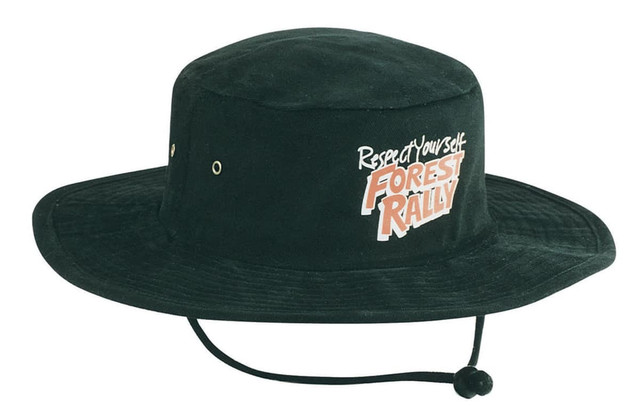 A black brushed heavy cotton hat with a wide brim and a chin strap, featuring a logo on the front.