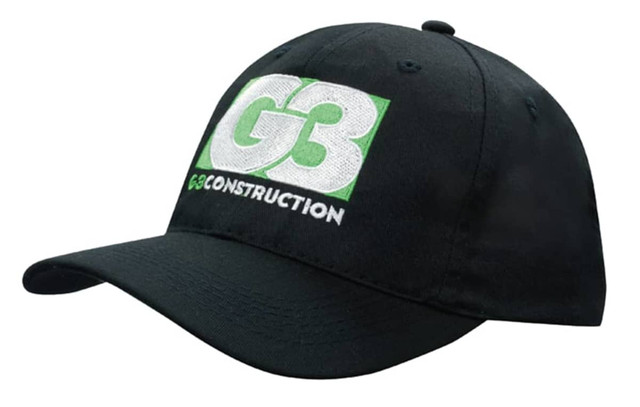 A black cap with a logo featuring green and white text. The cap has a curved brim and an adjustable strap.