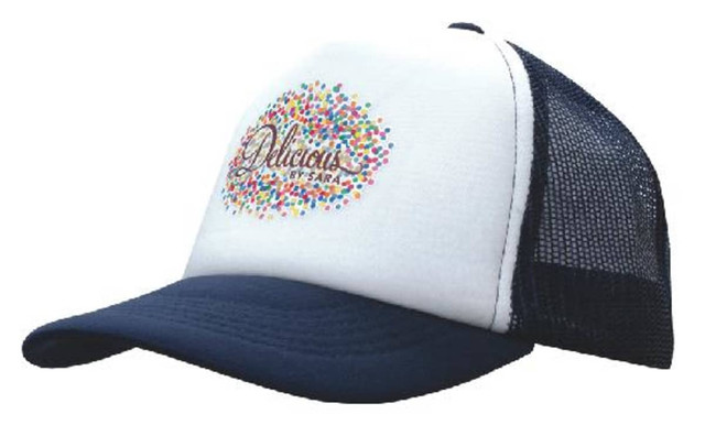 A trucker mesh cap with a white front, navy blue peak, and a mesh back featuring a logo.
