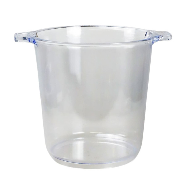 A clear plastic ice bucket with sturdy handles, featuring a smooth, translucent design.