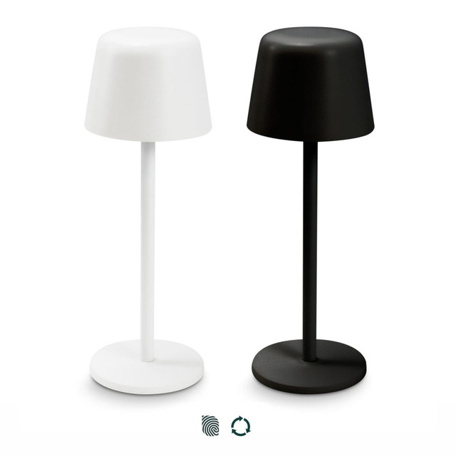 Two rechargeable table lamps are displayed: one in white and one in black, each with a minimalist design.