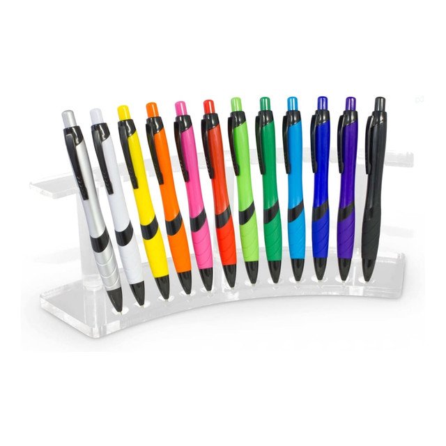 A display stand containing twelve pens in various colours, including black, blue, green, yellow, pink, and white.