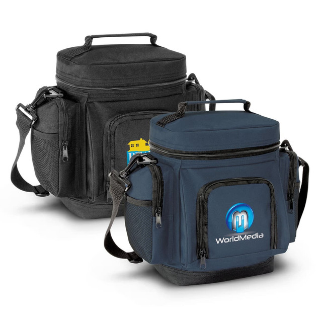 A Laguna Cooler Bag in black and navy, featuring side mesh pockets and a logo on the front.