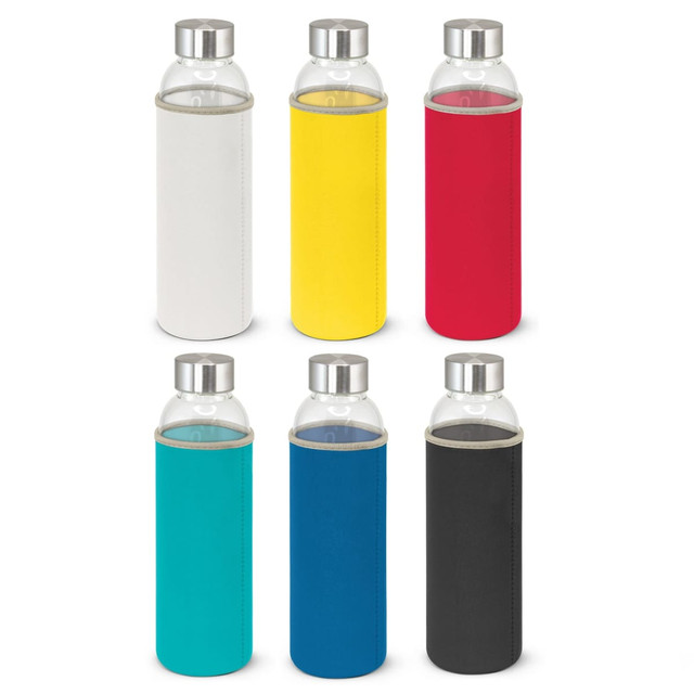 A drink bottle with a transparent body and a metal lid, featuring neoprene sleeves in white, yellow, red, turquoise, blue, and black.