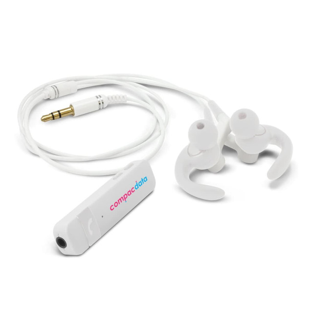 A white Bluetooth receiver with ear buds and a 3.5mm jack, featuring a branding logo.