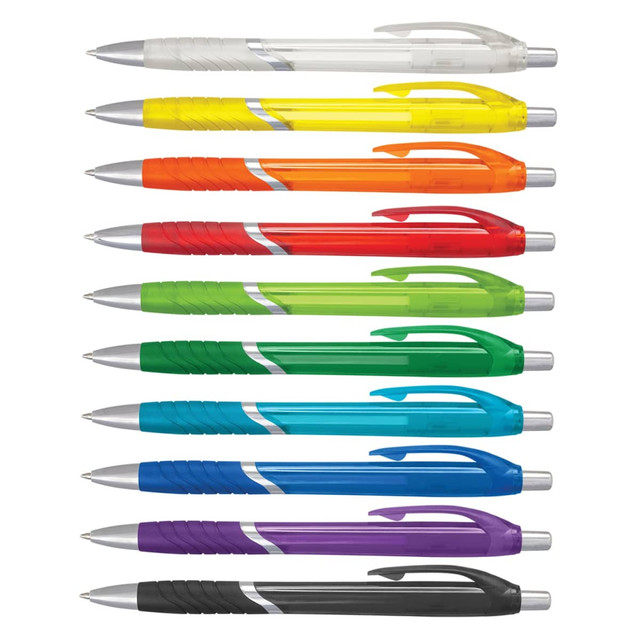 A line of ten plastic pens in various translucent colours: clear, yellow, orange, red, green, blue, purple, and black, with silver accents.