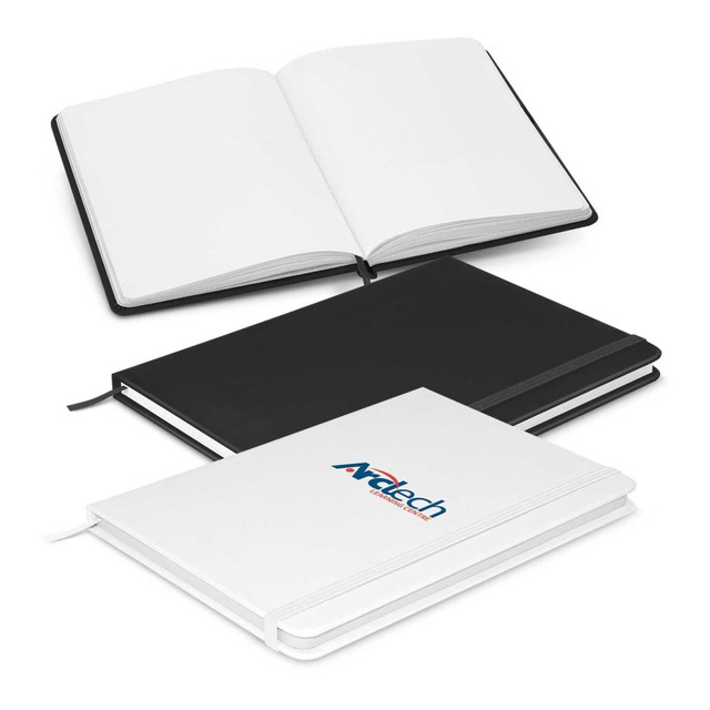 A collection of Omega Unlined Notebooks in black and white, featuring an open notebook and a logo on one.