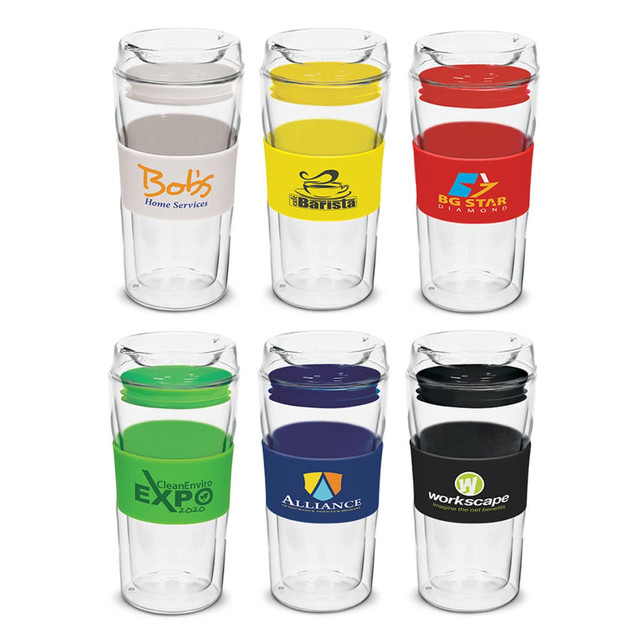 A collection of six double wall glass cups in clear with various coloured silicone grips and logos.