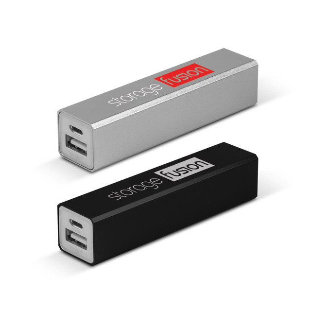A silver and black power bank with USB ports and branding on the side.