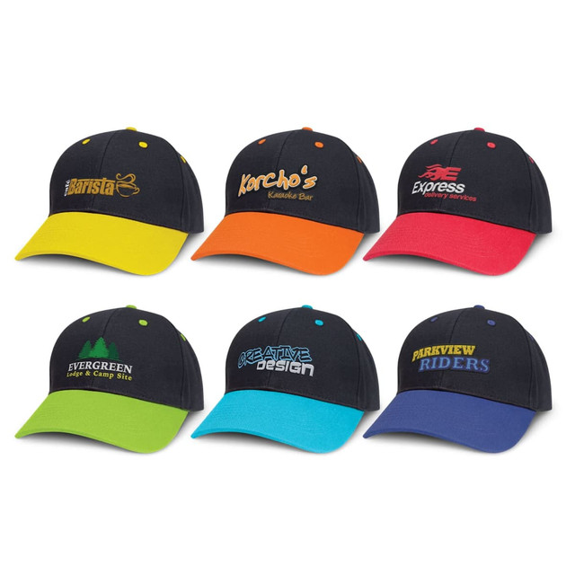 A collection of six caps in various colours, each featuring a different logo or branding on the front.