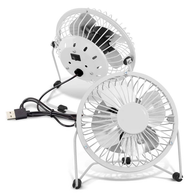 A small white desk fan with a USB connector, featuring a gridded front and a compact design.