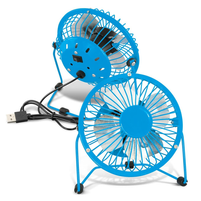 A blue desk fan with a USB cable, featuring a metal grill and dual fan design. It has a small logo on the side.