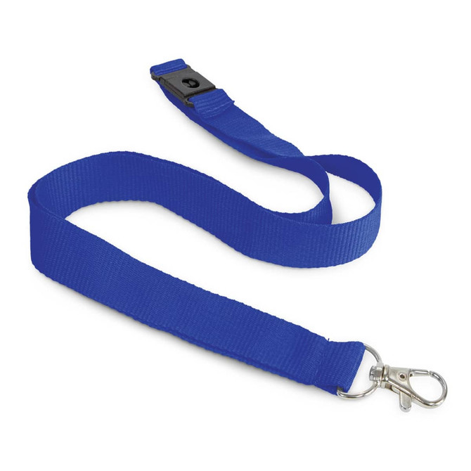 A blue cotton lanyard with a clip and adjustable slider. Features a logo on the attachment.