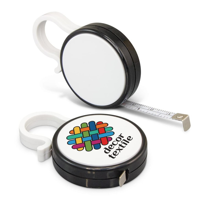A black and white clip measuring tape with a logo, featuring a retractable tape measure visible.