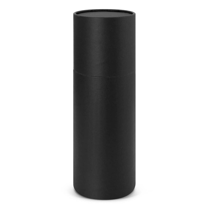 A drink bottle in a sleek black finish, cylindrical shape, featuring a minimalist design and a logo.