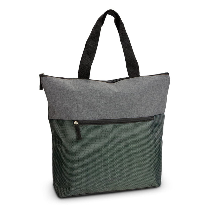 A grey and green tote bag with a zippered front pocket and dual handles; features a logo.