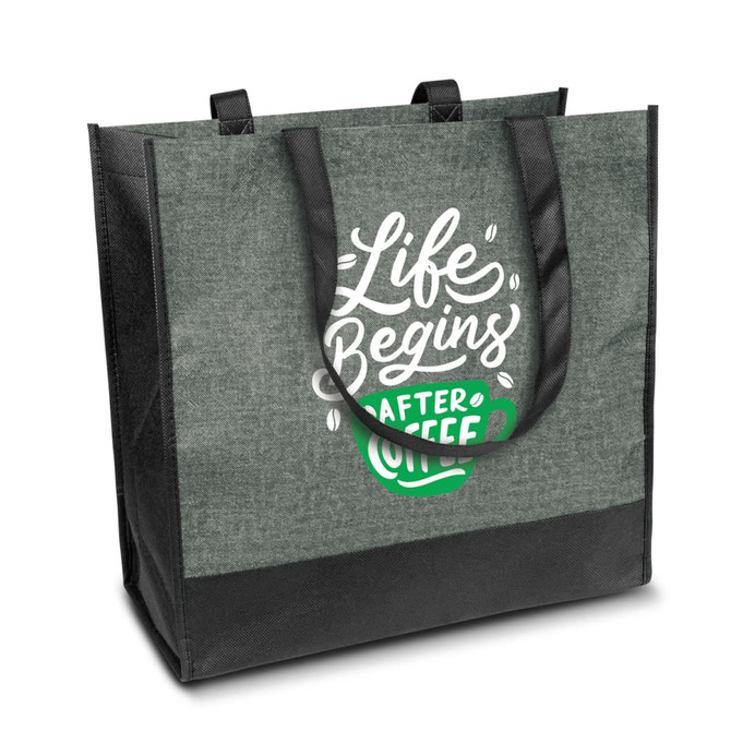 A large grey tote bag with black handles featuring a playful coffee-themed design and a logo.
