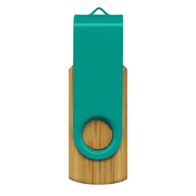 A bamboo flash drive featuring a turquoise plastic cap and a circular hole for easy attachment.