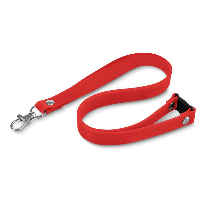 A red silicone lanyard with a clip and adjustable strap, featuring a fastening mechanism.