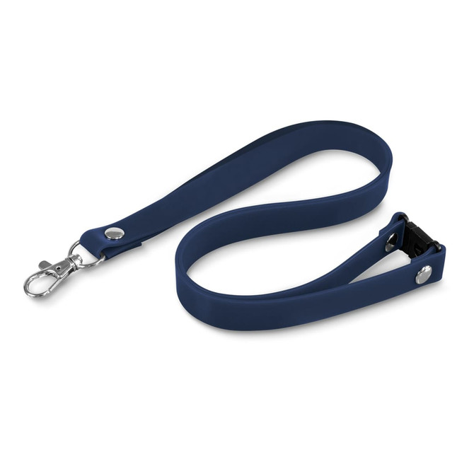 A navy silicone lanyard with a clip attachment and a fastening mechanism. It has a smooth, flexible design.