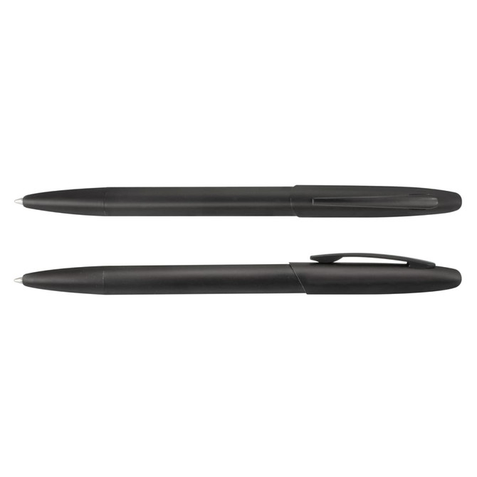 A metal pen set in black, featuring a sleek design with a clip on one pen and a smooth barrel.