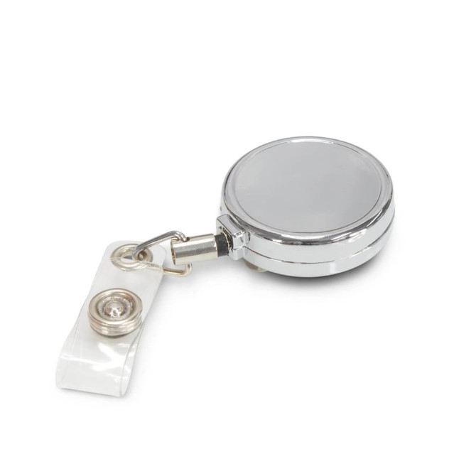 A silver retractable ID holder with a clear strap and clip, designed for attaching identification cards.
