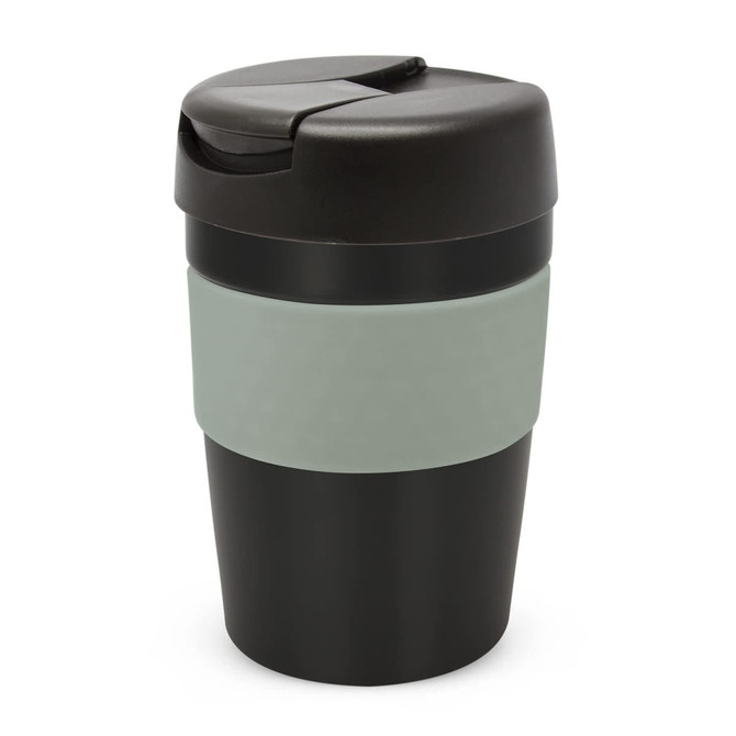 A drink bottle with a black and light green design, featuring a secure lid and a textured grip band.