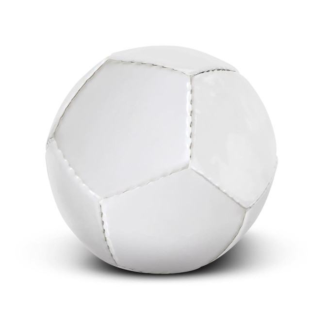A white mini soccer ball featuring traditional pentagonal and hexagonal panels, with visible stitching.