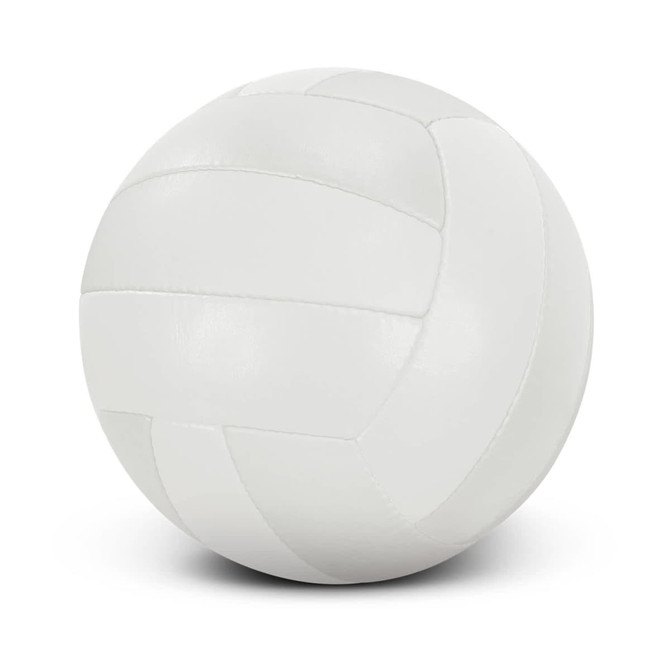 A white volleyball with a smooth, textured surface and distinct seam detailing. The ball has a simple design and no visible logos.