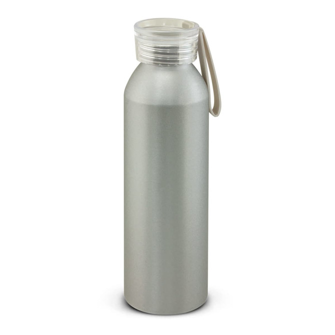 A drink bottle in a sleek silver finish, featuring a plastic lid with a handle and a branding logo.