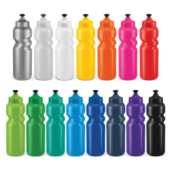 A collection of drink bottles in various colours, including silver, white, yellow, orange, green, blue, black, and purple. Each bottle has a logo.