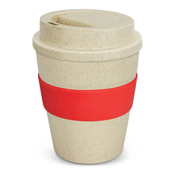 A drink bottle resembling a takeaway cup, featuring a natural finish with a red silicone band.
