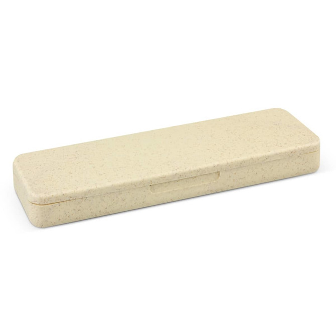 A light beige cutlery set case with a textured surface and a secure closure.