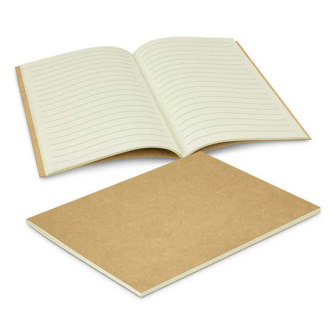 A small notebook with lined pages, featuring a kraft cover and cream pages. The notebook is open with one page visible.