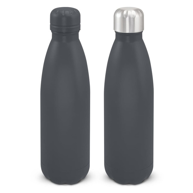 A drink bottle with a matte grey finish, featuring a stainless steel lid and a sleek, modern design.