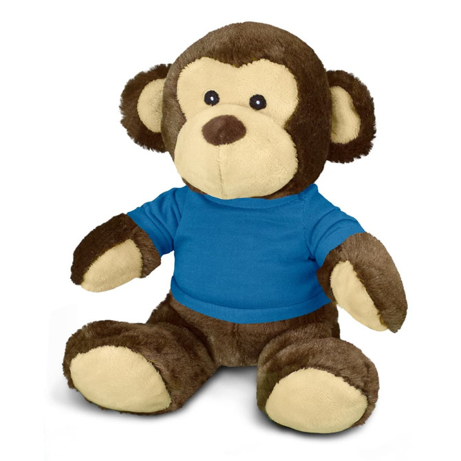 A plush monkey toy with brown fur and a blue T-shirt, featuring soft ears and a friendly expression.