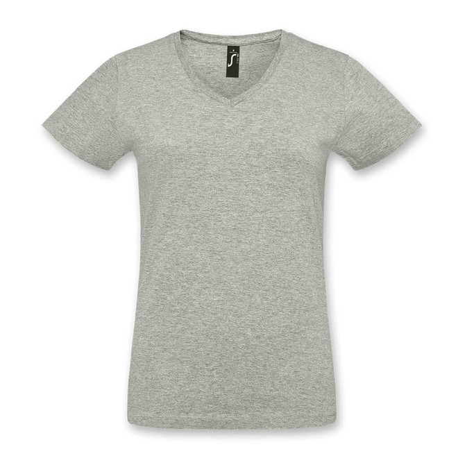 A light grey women's V-neck T-shirt featuring short sleeves and a label at the neckline.