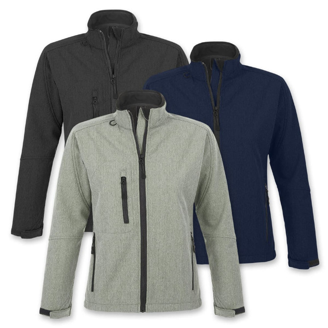 A collection of SOLS Roxy women's softshell jackets in black, navy, and green, featuring a logo on each jacket.