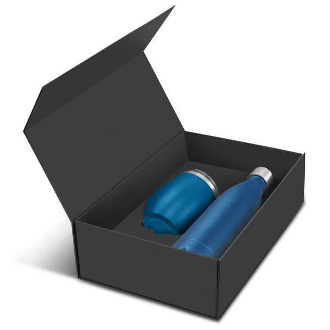 A blue drink bottle and a blue cup are displayed inside a black gift box. The set includes two vacuum-insulated items.