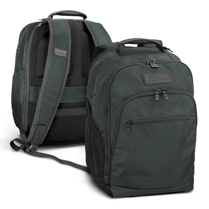 A green backpack with multiple compartments, featuring padded straps and a logo.